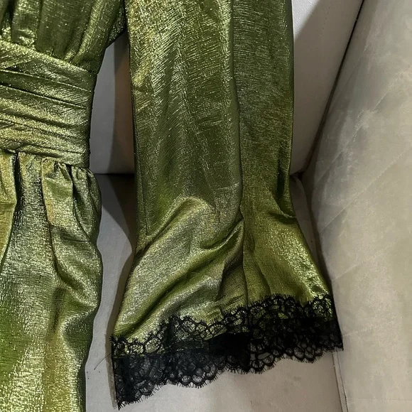 Peter Dundas Green Metallic Cocktail Dress with Lace Trim